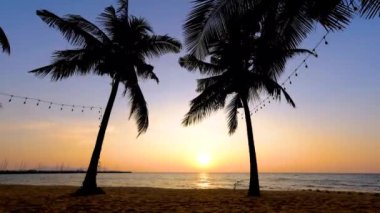 Najomtien plajı Pattaya Tayland, palmiye ağaçlı tropik bir sahilde gün batımı