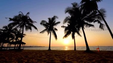 Najomtien plajı Pattaya Tayland, palmiye ağaçlı tropik bir sahilde gün batımı