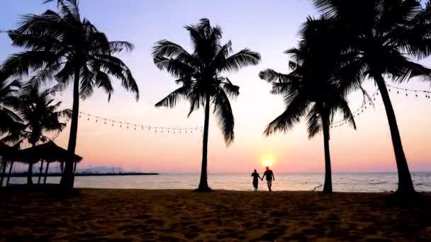 NaJomtien Pattaya Tayland, Sahilde hamak Gün batımında palmiye ağaçları — Stok video