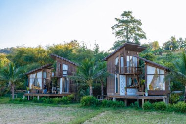 Kuzey Tayland 'daki İskandinav stil kulübesi Tayland' daki pirinç tarlalarına bakıyor, yeşil pirinç tarlalarına.