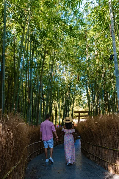 Δάσος μπαμπού στο Τσιάνγκ Μάι της Ταϊλάνδης, δάσος μπαμπού σε ιαπωνικό κήπο στο Τσιάνγκ Μάι. Ζευγάρι Ασιάτισσα και Ευρωπαίος στον κήπο — Φωτογραφία Αρχείου