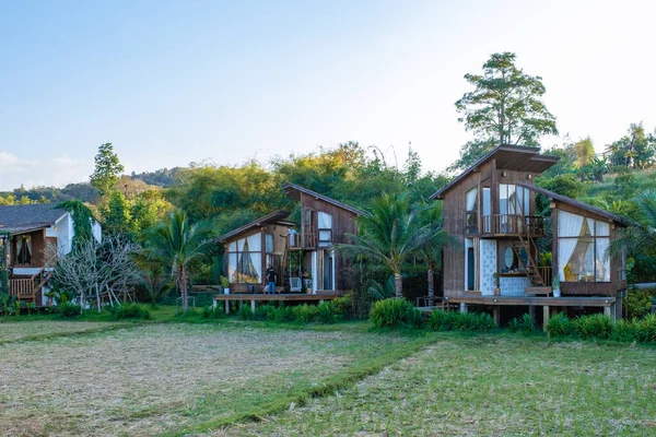 Scandanavian styl cottage in Northern Thailand Nan Province looking out over the rice paddies in Thailand, green rice field — Fotografia de Stock