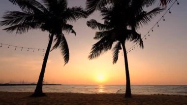 Najomtien plajı Pattaya Tayland, Pattaya Tayland 'da gün batımında palmiye ağaçlarıyla kaplı tropik bir plajda gün batımı.
