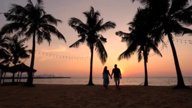 Najomtien plajı Pattaya Tayland, Pattaya Tayland 'da gün batımında palmiye ağaçlarıyla kaplı tropik bir plajda gün batımı.