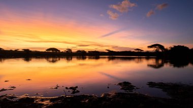 Güney Afrika Savanası 'nda bir göl kenarında gün batımı Kwazulu Natal