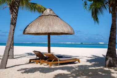Palmiye ağaçları, beyaz kum mavisi okyanus ve şemsiyeli plaj yatakları, güneş sandalyeleri ve güneş şemsiyeleri tropikal bir beac olan Le Morne plajı Mauritius 'taki palmiye ağacının altında.