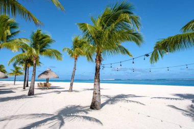 Tropical beach with white sand and palm trees Le Morne Mauritius, white sandy beach with blue ocean and palm trees Mauritius