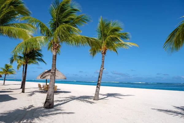Τροπική παραλία με λευκή άμμο και φοίνικες Le Morne Μαυρίκιος, λευκή αμμώδης παραλία με μπλε ωκεανό και φοίνικες Μαυρίκιος — Φωτογραφία Αρχείου