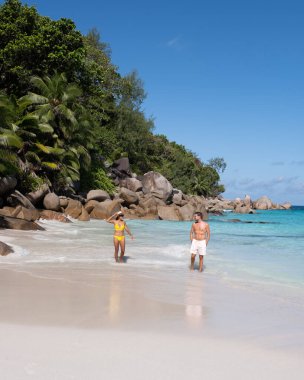 Praslin Seyşeller tropikal adasında plajlar ve palmiye ağaçları var. Orta yaşlı birkaç erkek ve kadın tatilde Seyşeller 'de Anse Lazio Praslin Seyşeller' in tropik plajını ziyaret ediyor.