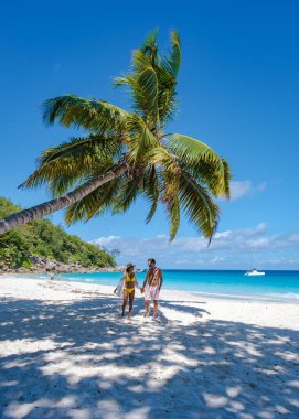 Praslin Seyşeller tropikal adasında plajlar ve palmiye ağaçları var. Orta yaşlı birkaç erkek ve kadın tatilde Seyşeller 'de Anse Lazio Praslin Seyşeller' in tropik plajını ziyaret ediyor.