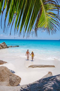 Praslin Seyşeller tropikal adasında plajlar ve palmiye ağaçları var. Orta yaşlı birkaç erkek ve kadın tatilde Seyşeller 'de Anse Lazio Praslin Seyşeller' in tropik plajını ziyaret ediyor.