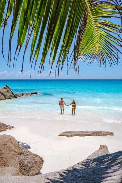 Praslin Seyşeller tropikal adasında plajlar ve palmiye ağaçları var. Orta yaşlı birkaç erkek ve kadın tatilde Seyşeller 'de Anse Lazio Praslin Seyşeller' in tropik plajını ziyaret ediyor.