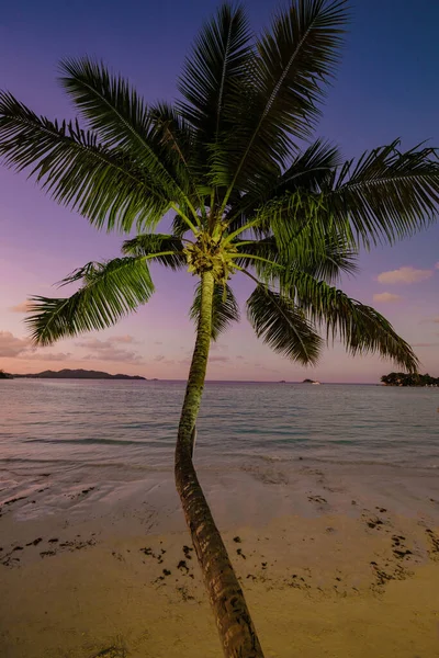 Praslin Seychelles tropical island with withe beaches and palm trees, sunset on the beach of Anse Volbert Seychelles — Stockfoto