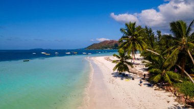 Praslin Seyşeller plajları ve palmiye ağaçları olan tropikal bir ada, Anse Volbert Seyşeller plajı.. 