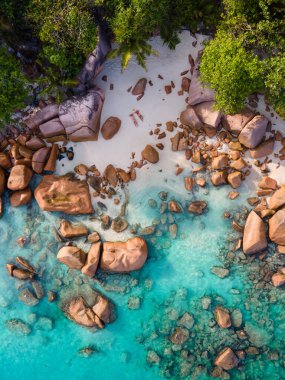 Praslin Seyşeller tropikal adasında plajlar ve palmiye ağaçları var. Seyşeller 'de tatilde olan iki erkek ve kadın. Anse Lazio Praslin Seyşeller' in tropik plajını ziyaret ediyorlar.. 
