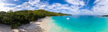 Praslin Seyşeller tropikal adası. Plajları, palmiye ağaçları, Anse Lazio plajı, Palmiye ağacı Anse Lazio, Seyşeller 'deki terk edilmiş tropikal ada rüya plajı.. 