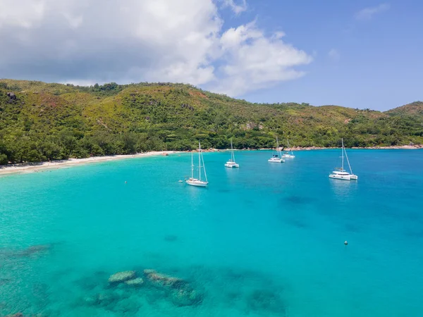 Praslin Seszele tropikalna wyspa z plażami i palmami, plaża Anse Lazio, Palma stoi nad opuszczoną tropikalną plażą marzeń wyspy w Anse Lazio, Seszele — Zdjęcie stockowe