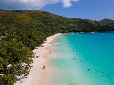 Praslin Seyşeller tropikal adası. Plajları, palmiye ağaçları, Anse Lazio plajı, Palmiye ağacı Anse Lazio, Seyşeller 'deki terk edilmiş tropikal ada rüya plajı.