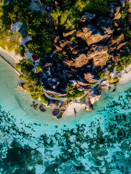 Anse Source dArgent beach, La Digue Island, Seyshelles, Drone aerial view of La Digue Seychelles bird eye view — Stock fotografie