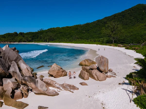 Anse Source dArgent beach, La Digue Island, Seyshelles, Drone aerial view of La Digue Seychelles bird eye view, mature couple men and women on vacation Seychelles — Zdjęcie stockowe