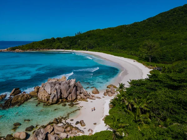 Anse Source dArgent beach, La Digue Island, Seyshelles, Drone aerial view of La Digue Seychelles bird eye view, mature couple men and women on vacation Seychelles — 图库照片