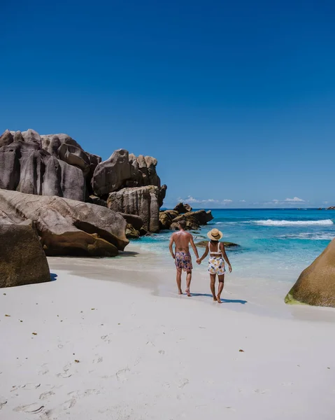 Anse Source dArgent beach, La Digue Island, Seyshelles, Drone aerial view of La Digue Seychelles bird eye view, mature couple men and women on vacation Seychelles — Foto Stock