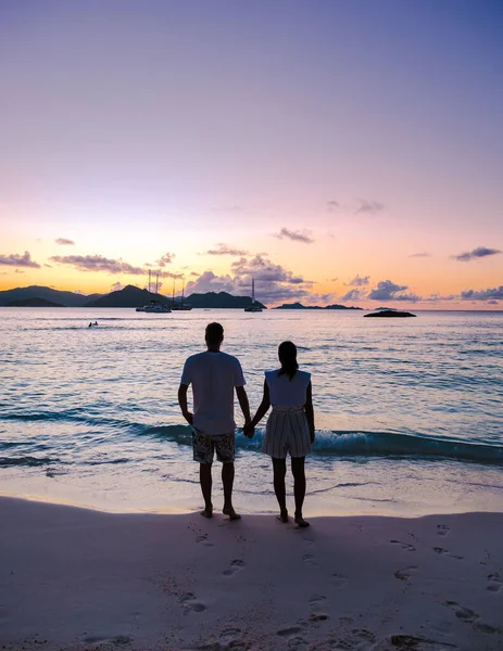 Anse Patates, La Digue Island, Seyshelles, Drone aerial view of La Digue Seychelles bird eye view, mature couple men and women on vacation Seychelles — Stockfoto