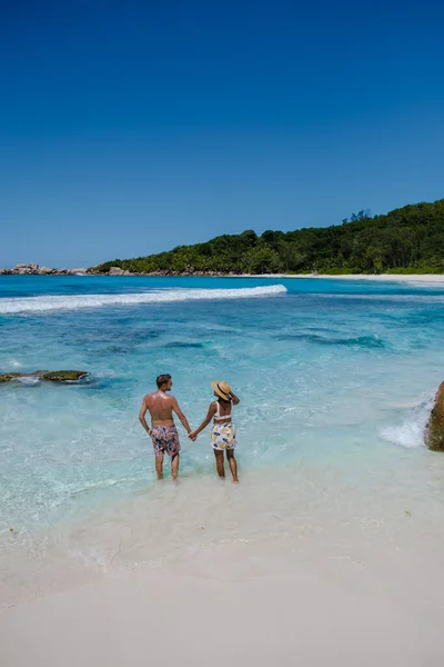 Anse Source dArgent beach, La Digue Island, Seyshelles, Drone aerial view of La Digue Seychelles bird eye view, mature couple men and women on vacation Seychelles — Stockfoto