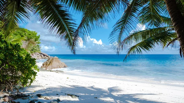 Anse Patates beach, La Digue Island, Seyshelles, white beach with blue ocean and palm trees — стокове фото