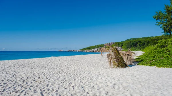 Anse Cocos Beach, La Digue Island, Seychelles, Tropical white beach with the turquoise colored ocean. — Stockfoto