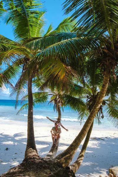 Anse Patates, La Digue Island, Seyshelles, Drone aerial view of La Digue Seychelles bird eye view, mature couple men and women on vacation Seychelles — Stockfoto