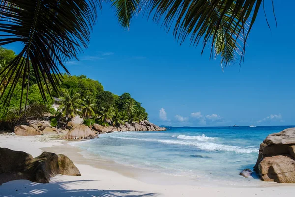 Anse Patates beach, La Digue Island, Seyshelles, white beach with blue ocean and palm trees — Foto de Stock
