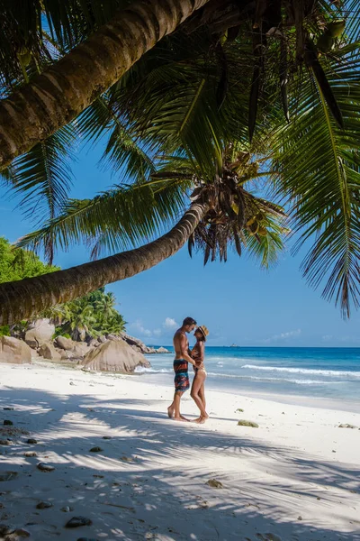 Anse Patates, La Digue Island, Seyshelles, Drone aerial view of La Digue Seychelles bird eye view, mature couple men and women on vacation Seychelles — 스톡 사진