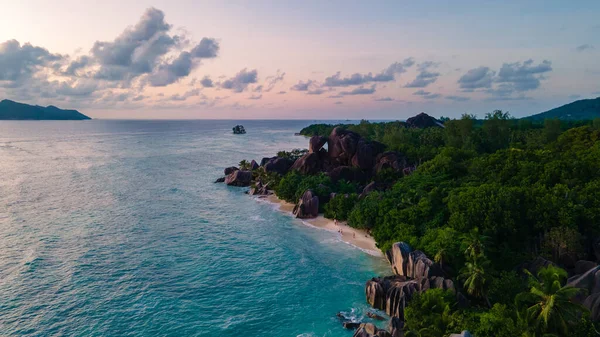 Anse Source dArgent beach, La Digue Island, Seyshelles, Drone aerial view of La Digue Seychelles bird eye view — Photo