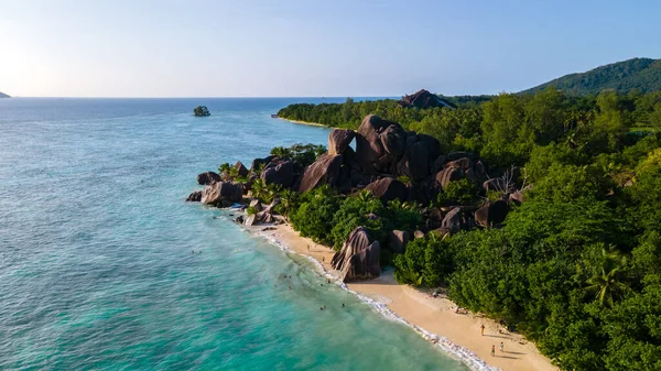 Anse Source dArgent beach, La Digue Island, Seyshelles, Drone aerial view of La Digue Seychelles bird eye view — Stockfoto