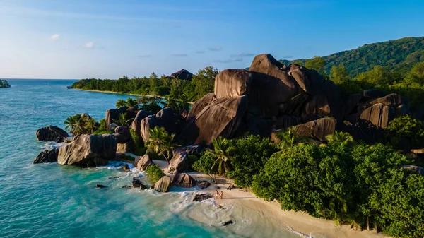 Anse Source dArgent beach, La Digue Island, Seyshelles, Drone aerial view of La Digue Seychelles bird eye view — Stockfoto