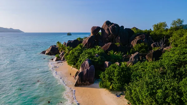 Anse Source dArgent beach, La Digue Island, Seyshelles, Drone aerial view of La Digue Seychelles bird eye view — Photo