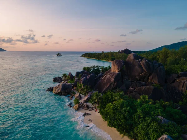 Anse Source dArgent beach, La Digue Island, Seyshelles, Drone aerial view of La Digue Seychelles bird eye view — Stockfoto