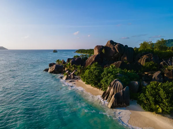 Anse Source dArgent beach, La Digue Island, Seyshelles, Drone aerial view of La Digue Seychelles bird eye view — Foto Stock