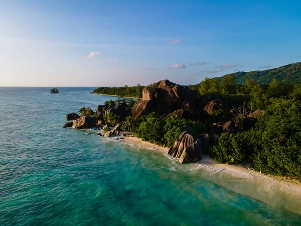 Anse Source dArgent beach, La Digue Island, Seyshelles, Drone aerial view of La Digue Seychelles bird eye view — 图库照片