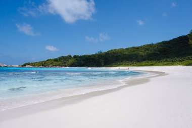 Anse Cocos beach, La Digue Island, Seyshelles, Drone aerial view of La Digue Seychelles bird eye view
