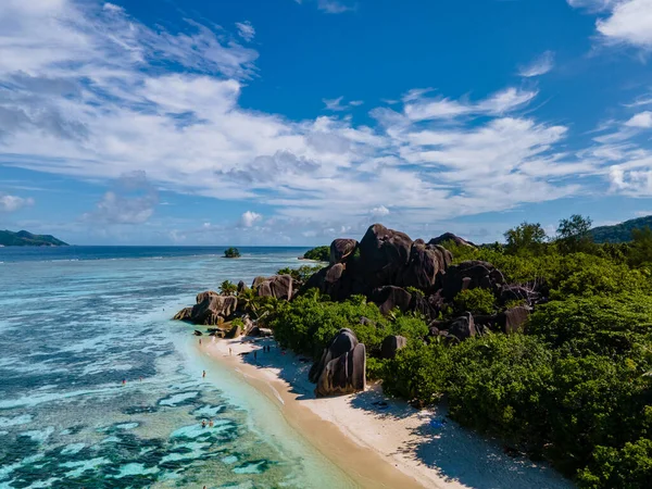 Anse Source dArgent beach, La Digue Island, Seyshelles, Drone aerial view of La Digue Seychelles bird eye view — Photo