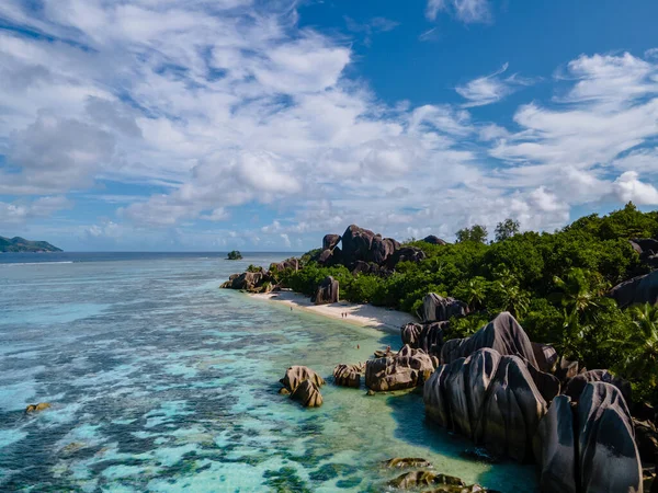 Anse Source dArgent beach, La Digue Island, Seyshelles, Drone aerial view of La Digue Seychelles bird eye view — 图库照片