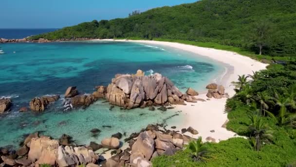 Anse Cocos beach, La Digue Island, Seyshelles, Drone aerial view of La Digue Seychelles bird eye view — Vídeos de Stock