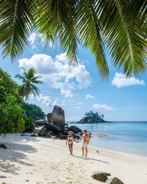 Mahe Seyşeller, Mahe Seyşeller sahilinde palmiye ağaçları ve mavi okyanuslu tropikal plaj. Seyşeller 'de tatilde olan çift ve kadın.