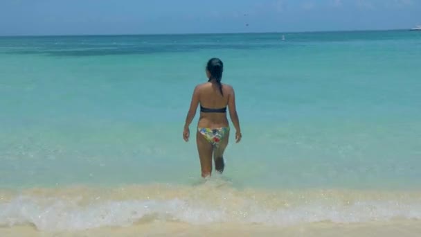 Žena odpočívající na pláži, Palm pláž Aruba Karibik, bílá dlouhá písečná pláž s palmami na Arubě, asijská žena v bikinách na pláži — Stock video