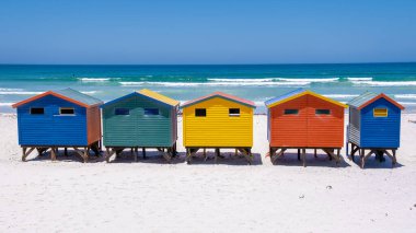 Muizenberg sahil kasabasındaki renkli sahil evi, sahil kulübeleri, Muizenberg, Cape Town, False Bay, Güney Afrika