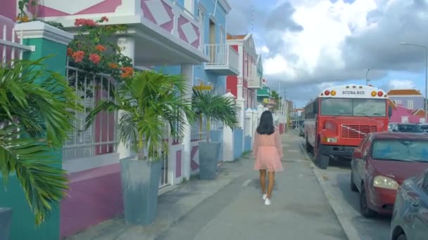 Curacao, Nederlandse Antillen Uitzicht op kleurrijke gebouwen van het centrum van Willemstad Curacao Caribisch gebied, Kleurrijke gerestaureerde koloniale gebouwen in Pietermaai — Stockvideo