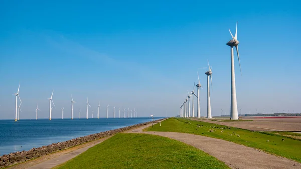 Huge windmill turbines, Offshore Windmill farm in the ocean Westermeerwind park , windmills isolated at sea on a beautiful bright day Netherlands Flevoland Noordoostpolder — 스톡 사진