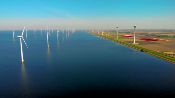 Větrný park v oceánu, letecký pohled na větrné elektrárny větrných elektráren, větrné mlýny izolované na moři v Nizozemsku — Stock video